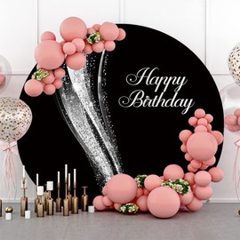 Leyiyi 7.5x7.5ft Black and Silver Birthday Round Backdrop Cover Polyester Silver Luxury Birthday Party Circle Photography Backdrop Sparkle Backdrops for Adults Birthday Party Photo Shoot Props