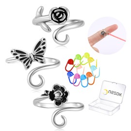 Juszok Adjustable Crochet Tension Ring for Fingers 3Pcs Flower Yarn Guide Knitting Tension Rings with 10Pcs Crochet Stitch Markers for Crocheting with Storage Box for Women