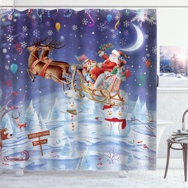 ZCHOMI Christmas Shower Curtain Santa Claus Sleigh Reindeer Winter Snowman Snowflake Xmas Eve Holiday Bathroom Curtain Waterproof Polyester Fabric Bath Curtain 72 x 72 Inch with 12 Plastic Hooks