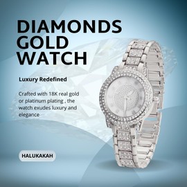 Halukakah Diamonds Gold Watch Iced Out for Boy Teens Kids - Platinum Plated, Gypsophila Rhinestones Round Dial, Japanese Quartz - 7.7" Length - Comes with Cuban Chain 7" - for Birthday, Parties