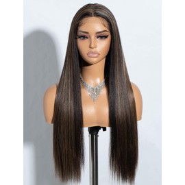 Joedir Highlights Straight Wig Synthetic Lace Front Wig T Part lace Frontal Wigs for Women Long Silk Straight Natural Wig Heat Resistant Fiber 28 Inches