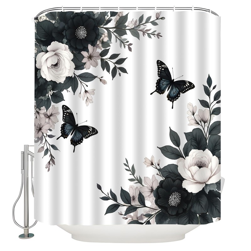 CWHCWA Black Grey Floral Shower Curtain, 70x70 Inch