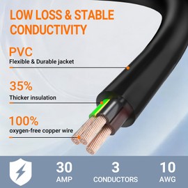 50 FT 30 Amp RV Extension Cord, 125V Heavy Duty 10/3 Gauge STW Weatherproof Power Cord with Grip Handle & Organizer, NEMA TT-30P to TT-30R for Camper Trailer EV Charging