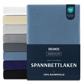 Dreamzie Premium fitted sheet 90 x 200 cm, fitted sheet for thick mattresses up to 22 cm, bed sheet 100% jersey cotton, 150 g/m², Oeko-Tex certified - blue