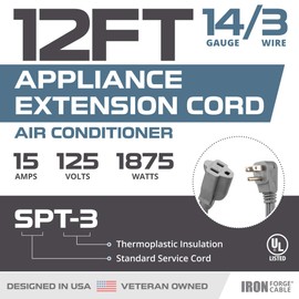 IRON FORGE CABLE 12 Ft Appliance Extension Cord Heavy Duty, Gray - 14 Gauge 3 Prong SPT-3 Cable for Air Conditioner or Refrigerator