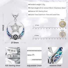Eusense Pentagram Necklace Triple Moon Goddess Necklace 925 Sterling Silver Hecate Pendant Sun and Moon Pendant Jewellery Gifts Spiritual Amulet Wiccan Pagan Talisman for Men Women, Sterling Silver