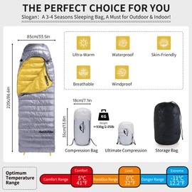 Naturehike Ultralight Duck Down Cold Weather Sleeping Bag, 750FP Compact Sleeping Bag 3-4 Season for Adults & Kids, Waterproof - Backpacking, Camping, Hiking, Traveling with Compression Sack, Gray