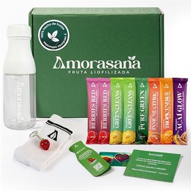 Amorasana Starter Pack Full Mix con Shaker, 8 Sobres de Smoothies Instantáneos de Fruta y Verdura Liofilizada, Green Cleans, Berries Red, Pure Green, Açaí Glow, Tropic Energy e Immune Citric