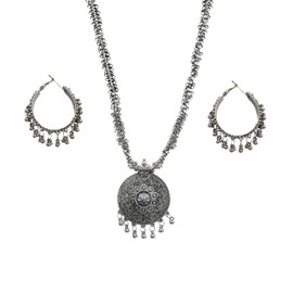 Fashion Latest Stylish Traditional Oxidised Silver Necklace Jewellery Set for Women, Medium, Brass, No Gemstone