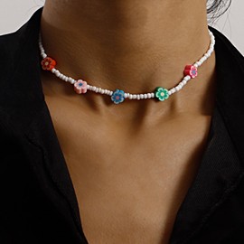 Cimenexe Bohème Regenbogen Blume Choker Halskette Weiß Reis Perle Kragen Halskette Acryl Blume Samen Perle Halskette Bunte Blume Kette Halskette Schmuck Für Frauen