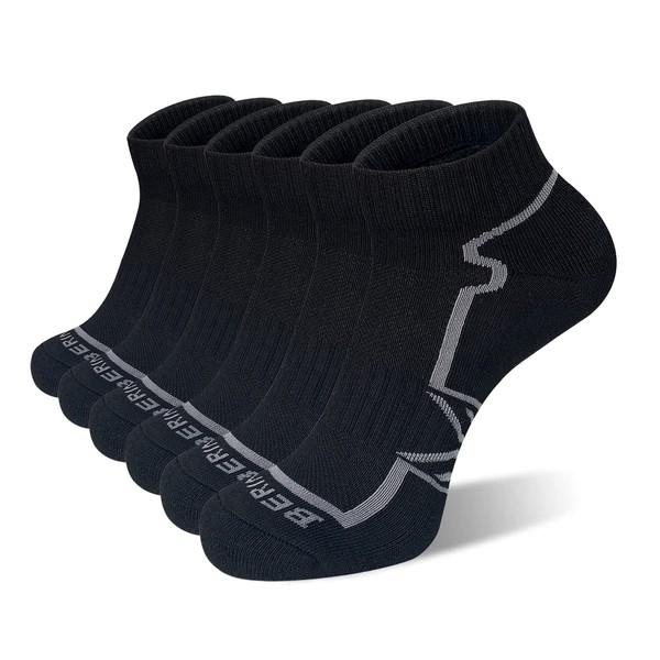 BERING Men's Performance Athletic Ankle Running Socks, Size 9-12, Black, 6 Pack