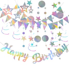 BDHYYM Happy Birthday Garland Iridescent Birthday Decoration Foil Silver Bunting Iridescent Circle Banner Metallic Streamers Holographic Birthday Decoration Iridescent