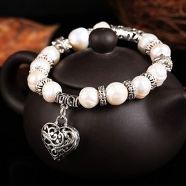 Suoirblss 10mm Freshwater Cultured Off-Shape Natural Pearls Adjustable Stretch Bracelet with Tibetan Silver Crystal Beads for Women (A#)