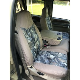 Durafit Seat Covers.Made to fit 1999-2007 Ford F250-F550 Front 40/20/40 Split Seat Covers in Tan Endura with MC2 Camo Inserts and Pointed Molded Headrests and Opening Console F238 C3/MC2