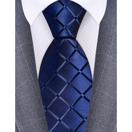GUSLESON Navy Blue Tie for Men Plaid Checkered Wedding Solid Silk Necktie for Business Party (1034-15)