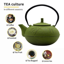 84.6oz/2500ml Large and Heavy Cast Iron Tea Kettle for 5 to 8 Cups, Teapot with Stainless Steel Infuser, Cast Iron Tea Pot for Stovetop Safe (2500ml Green Teapot with Bamboo Pattern)