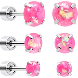 Body Candy Pink Synthetic Opal Flat Back Stud Earrings - 3 Pairs
