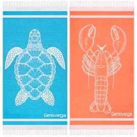 2 Packs Cotton Oversized Turkish Beach Towels Quick Dry Sand Free Bath Pool Towel Extra Large Xl Big Blanket Adults Travel Essentials Cruise Clearance Accessories Stuff Blue Turtle Orange Lobster