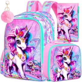 TXHVO 16" Unicorn Backpack, 3Pcs School Bookbag for Girls with Lunch Box, Kids Backpacks for Elementary Preschool Kindergarten(Pink)