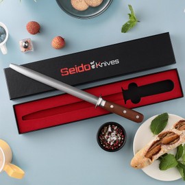 Seido Knives 10-Inch Rosewood Diamond Sharpening Rod - Honing Steel Knife Sharpener with Rosewood Handle