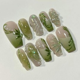 WAFOLOZE Nails Press on, Coffin Press on Nails Medium Girls Fake Nails with Green Vines Pearl Ombre French Design, Acrylic Artificial False Nails Press Ons Glue on Nails For Women