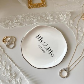 Mr & Mrs EST 2025 Ring Dish - Elegant Ceramic Ring Holder for Engagement, Wedding, and Bridal Shower Gifts - Honeymoon Keepsake for Friends, Newlyweds, and Bride-to-Be