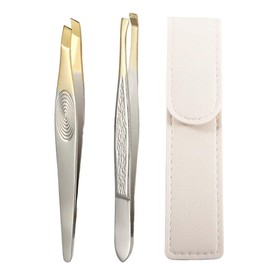 MKEAWWU Professional Eyelash Curler Set, 1 Leather Case + 2 Tweezers (Flat & Slanted), Semi-Gold-Plated, 9 cm Long, Stainless Steel