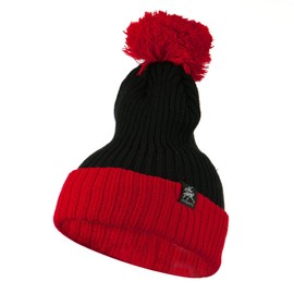 City Hunter Two Tone Vertical Ribbed Pom Beanie - Black Red OSFM