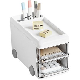 LETURE Cute Desk Organizer with drawers, Plastic Desktop Storage for Business Card/Pen/Pencil/Mobile Phone/Stationery Holder Box, Desktop Organizer for Office School Home (White)