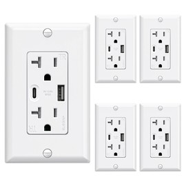 ELEGRP USB Wall Outlets, 20 Amp USB C Wall Outlets Receptacles, Outlets with USB A and USB C Ports, Tamper Resistant Receptacle, Wall Plate Included, UL Listed, 5 Pack, White