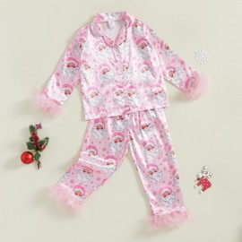 Toddler Girl Boy Christmas Satin Silk Pajamas Sets Button Down Sleep Shirt Top Pants Christmas Pjs Nightgown Outfit (Pink, 8-9 Years)