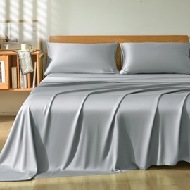 Homiest Queen Sheet Set 4pcs, 100% Rayon Derived from Bamboo Sheets, Cooling & Breathable Bedding for Hot Sleepers, Soft Luxury Sheets with 16" Deep Pocket, Hotel-Grade Silky Comfort (Light Gray)