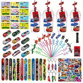 SOSAZOZA 128Pcs Race Car Party Favors Race Cars Birthday Party Supplies Including Cup Straw Buckle Bracelet Mini Car Racing Theme DIY Stickers Keychain Filler Goodie Bag Stuffer Car Party Favors