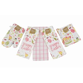 Easter Spring Kitchen Dish Towels Pot Holder Oven Mitt Set, 5c: Colorful Floral Happy Easter Eggs Design