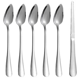 HyperSpoon 5 Pack Grapefruit Spoons & 1 Grapefruit Knife, Stainless Steel Flatware Set Serrated Edges, Cutting Utensil Kitchen with Titanium Plating for Fruit Kiwi Orange, Silver