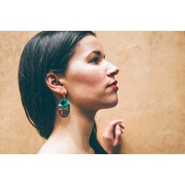 Handmade Natural Wood Jade Resin Paua Coral Round Boho Hippie Resin Earrings, Resin