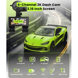 360° 2K Dash Cam Front and Rear Inside,4 Channel Display 3.16" IPS Touchscreen 3x1080P Dash Cam Front and Rear Inside Left Right,24/7 Recording WiFi Built-in GPS,Loop Recording,G-Sensor,64G TF