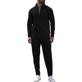 KUYIGO Mens Tracksuit 1/4 Zip Polo Shirts for Men Waffle Long Sleeve Pullover Tracksuit Set Sweatshirt and Joggers 2 Piece Outfits L Black