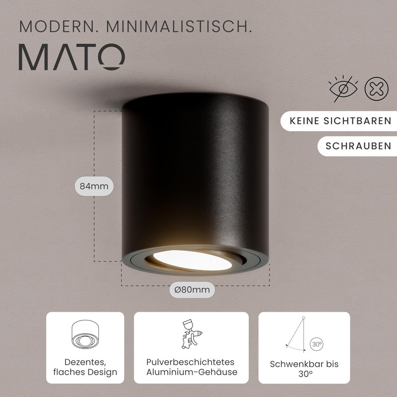 MATO Surface-Mounted Spotlight GU10 Black - 30° Swivelling - Diameter