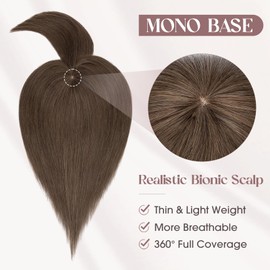 MY-LADY Human Hair Toppers for Women Real Human Hair with Bangs Thin 8.5 * 8.5CM Mono Base Clip in Remy Hairpieces Light Weight 10 Inch Dark Brown