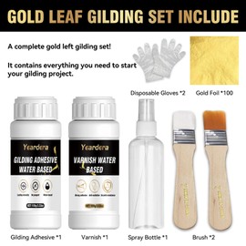Yeardera Gold Leaf Kit, 100ml Gilding Adhesive and Varnish with 100 Gold Leaf Sheets for Arts, Crafts, Painting, Furniture, and Decoration