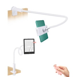 QIWAS Gooseneck Tablet Holder for Kindle Reading in Bed with Remote Page Turner, Lazy Arm Stand for Kindle Accessories Paperwhite Colorsoft Scribe, Ereader Accessory with Clicker Page Turner