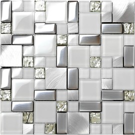 Hominter Modern Silver White Glass and Metal Mosaic Tile – Polished and Textured Design Water Resistant for Kitchen Backsplash, Bathroom Walls, Accent Decor (5 Square Feet)
