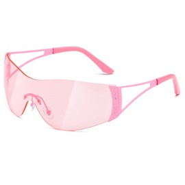 kimorn Wrap Around Y2K Sunglasses for Women Men Shield Flat Top Shades Futuristic Technology Frameless Sun Glasses K1344 (Pink Frame Pink Lens)