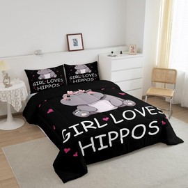 jejeloiu Hippo Comforter Set Twin Size Kids Gift for Hippopotamus Lover Comforter Cover Set for Boys Girls Teens Cute Kawaii Duvet Cover Black Bedspread Cover Room Decorations Quilt Cover 2Pcs