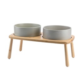 SPUNKYJUNKY Raised Dog Bowls Ceramic Dog Bowls Elevated with Non-Slip Wooden Stand Dog Food Water Bowls for Medium Large Size Dogs(Double 60OZ Bowls,Grey)