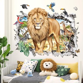 decalmile Large 3D Safari Lions Wall Stickers Break Through Jungle Animals Giraffe Zebra Tropical Leaves Wall Decals Baby Boy Kid Bedroom Playroom Wall Decor