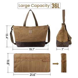 OneTigris Waxed Canvas Tool Tote Bag with Removable Tool Roll Bag, 36L Large Capacity Storage Tote Bag - Heavy Duty Canvas Bag and Tactical Camping Storage for Gardening,Camping Gear Firewood