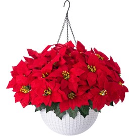 Ivydale Artificial Fake Christmas Hanging Poinsettia Flowers Plants Basket for Outdoor Outside Winter Decoration, Faux Red Flower Realistic UV Resistant for Porch Patio Balcony Holiday Decor
