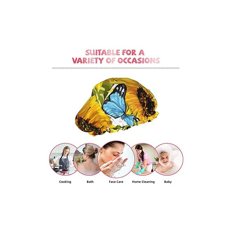 Gorro Ducha Diseño Girasoles Mariposas Azules Mujer Impermeable Doble Capa